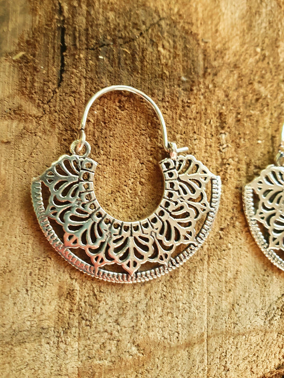 Mini Boho Silver Mandala Flower Earrings; Ethnic, Geometric, Small, Rustic, Yoga, Hippie, Gypsy, Pretty, Ssy, Boho, Bohemian, Festival