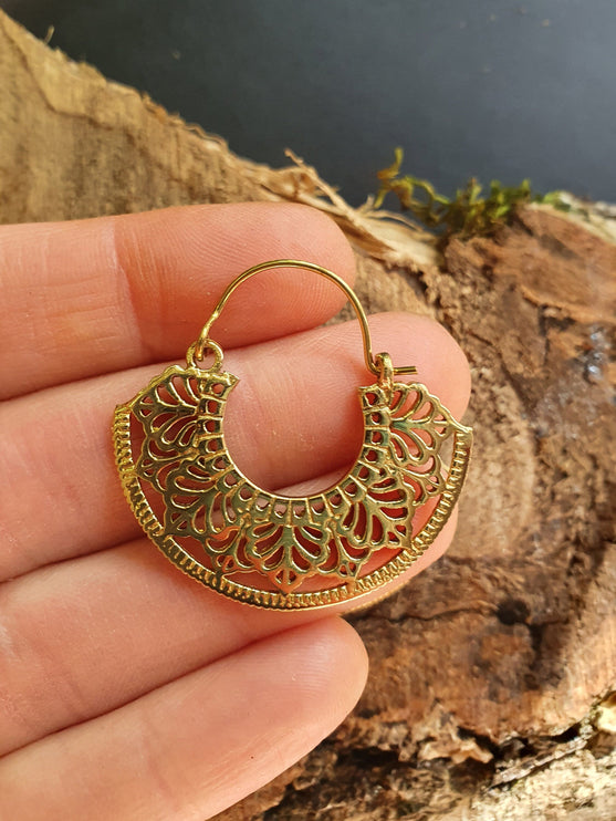 Mini Boho Brass Mandala Flower Tribal Earrings; Ethnic, Geometric, Small, Rustic, Yoga, Hippie, Gypsy, Pretty, Boho, Bohemian, Festival