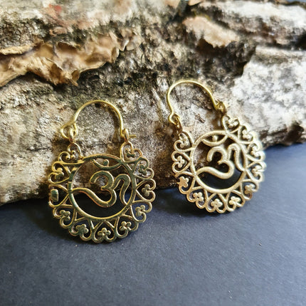 Ohm Yoga Om Boho Brass Earrings; Ethnic, Geometric, Small, Rustic, Yoga, Hippie, Gypsy, Pretty, Ssy, Boho, Bohemian, Festival