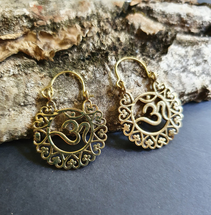 Ohm Yoga Om Boho Brass Earrings; Ethnic, Geometric, Small, Rustic, Yoga, Hippie, Gypsy, Pretty, Ssy, Boho, Bohemian, Festival