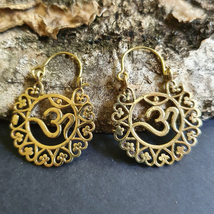 Ohm Yoga Om Boho Brass Earrings; Ethnic, Geometric, Small, Rustic, Yoga, Hippie, Gypsy, Pretty, Ssy, Boho, Bohemian, Festival