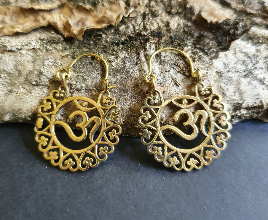 Ohm Yoga Om Boho Brass Earrings; Ethnic, Geometric, Small, Rustic, Yoga, Hippie, Gypsy, Pretty, Ssy, Boho, Bohemian, Festival