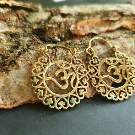 Ohm Yoga Om Boho Brass Earrings; Ethnic, Geometric, Small, Rustic, Yoga, Hippie, Gypsy, Pretty, Ssy, Boho, Bohemian, Festival