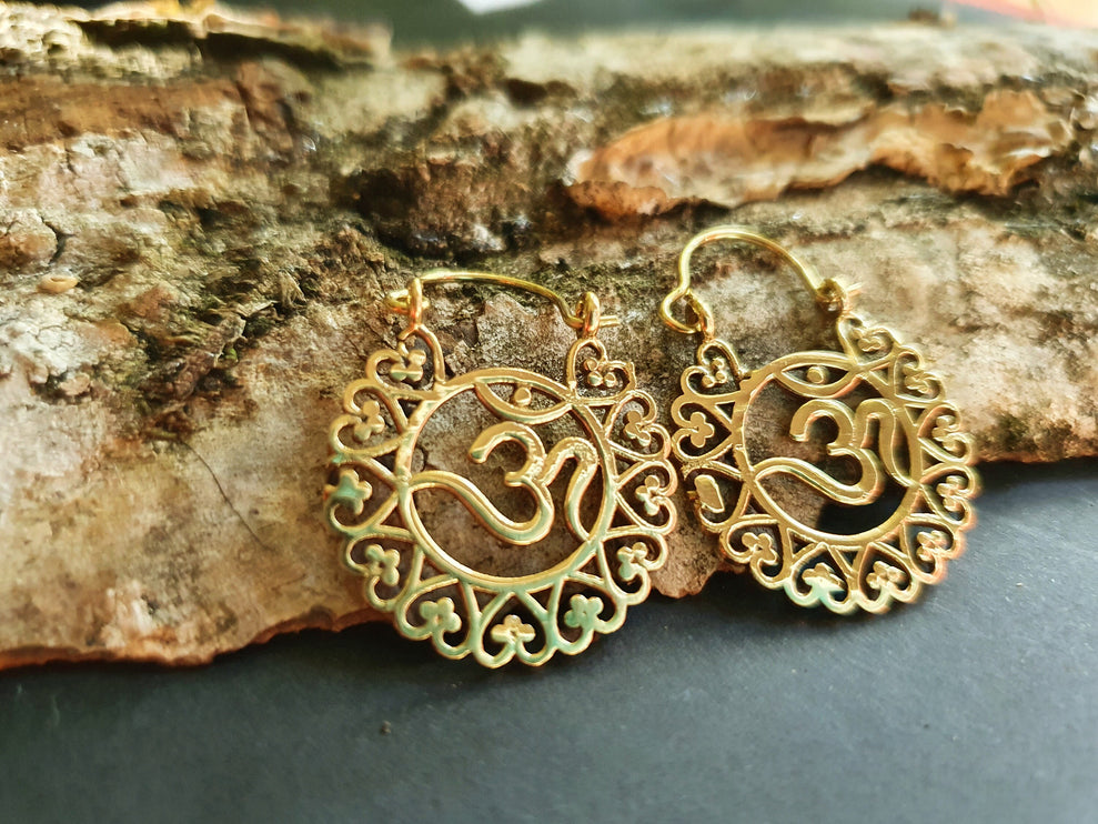 Ohm Yoga Om Boho Brass Earrings; Ethnic, Geometric, Small, Rustic, Yoga, Hippie, Gypsy, Pretty, Ssy, Boho, Bohemian, Festival