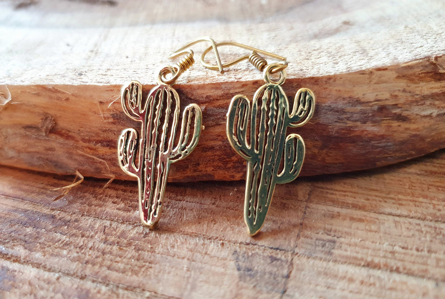 Small Cactus Earrings Gold Silver. Mexican, Nature, Garden, Geometric, Rustic, Yoga, Hippie, Gypsy, Pretty, Psy, Boho, Bohemian, festival