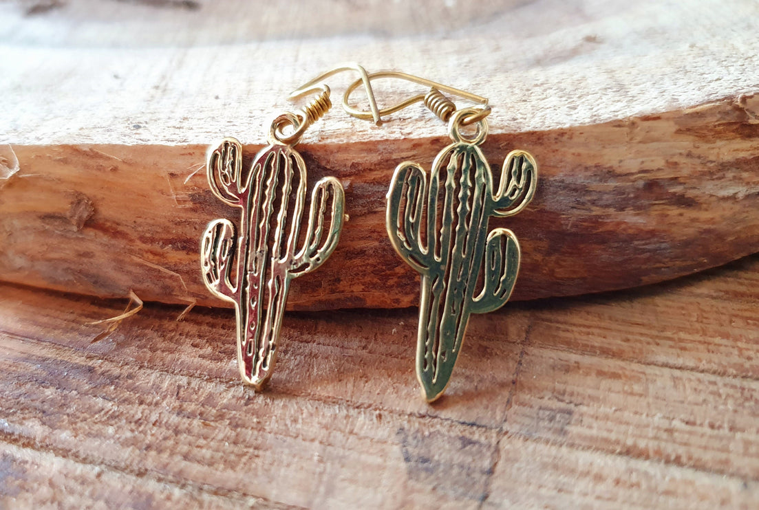 Small Cactus Earrings Gold Silver. Mexican, Nature, Garden, Geometric, Rustic, Yoga, Hippie, Gypsy, Pretty, Psy, Boho, Bohemian, festival