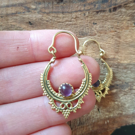 Small Boho Hoops Amethyst Brass Earrings / Triangle / Mandala / Ethnic / Rustic / Yoga / Hippie / Gypsy / Psy / Bohemian / Festival