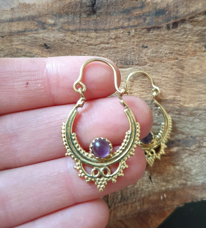 Small Boho Hoops Amethyst Brass Earrings / Triangle / Mandala / Ethnic / Rustic / Yoga / Hippie / Gypsy / Psy / Bohemian / Festival