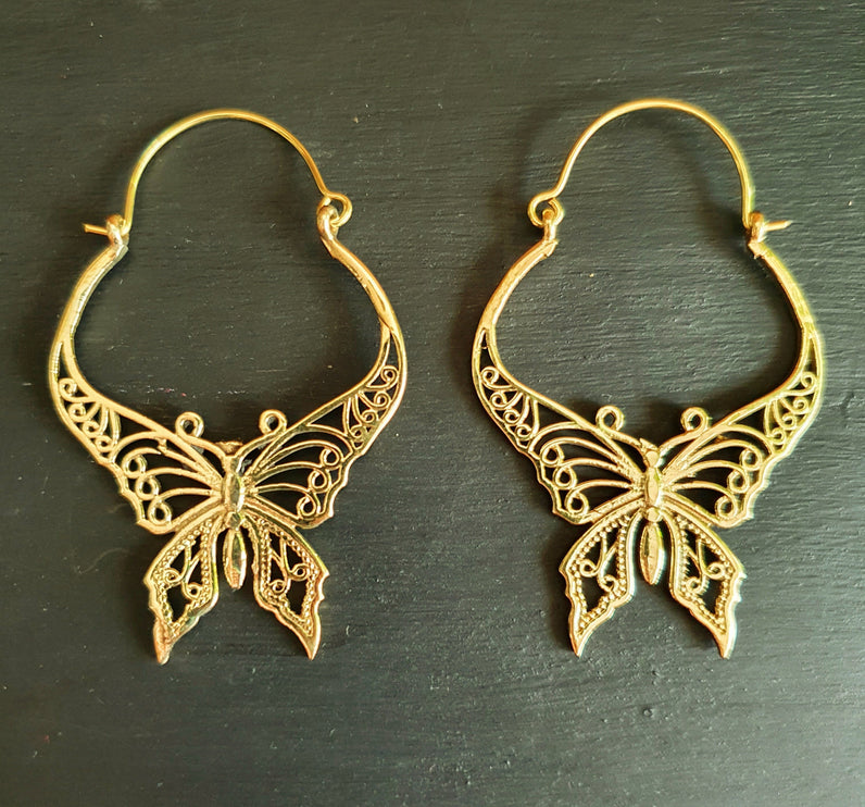 Butterfly Brass earrings; Boho Spring Mandala Nature Garden Ethnic Tribal Chic Gypsy Psy Earth Festival