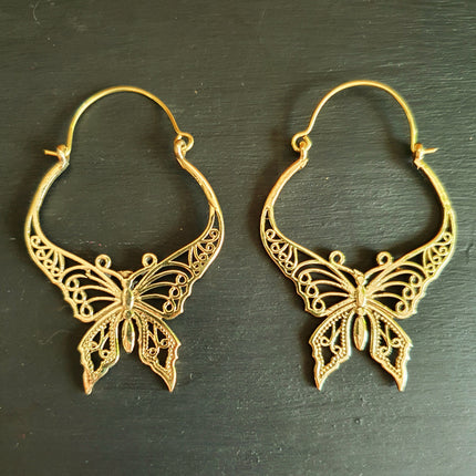 Butterfly Brass earrings; Boho Spring Mandala Nature Garden Ethnic Tribal Chic Gypsy Psy Earth Festival