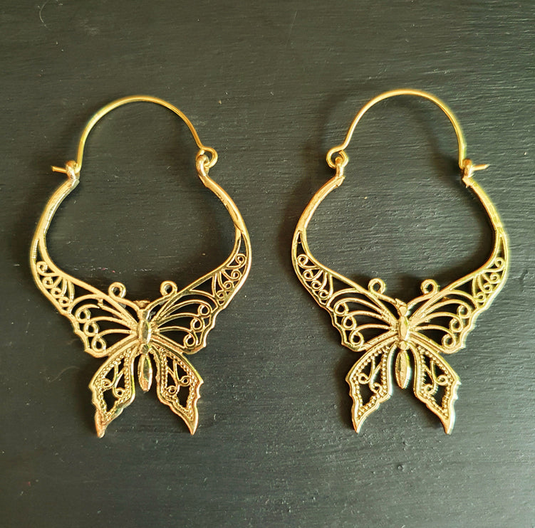 Butterfly Brass earrings; Boho Spring Mandala Nature Garden Ethnic Tribal Chic Gypsy Psy Earth Festival