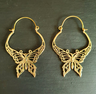 Butterfly Brass earrings; Boho Spring Mandala Nature Garden Ethnic Tribal Chic Gypsy Psy Earth Festival