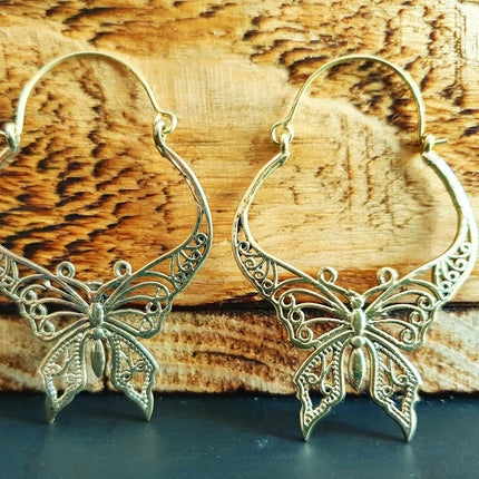 Butterfly Brass earrings; Boho Spring Mandala Nature Garden Ethnic Tribal Chic Gypsy Psy Earth Festival