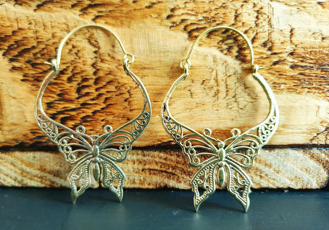 Butterfly Brass earrings; Boho Spring Mandala Nature Garden Ethnic Tribal Chic Gypsy Psy Earth Festival