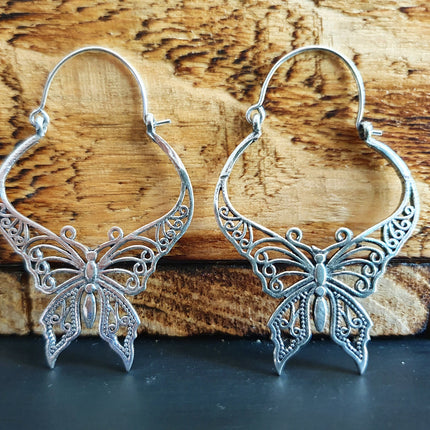 Silver Butterfly Earrings; Boho Spring Mandala Nature Garden Ethnic Tribal Chic Gypsy Psy Earth Festival