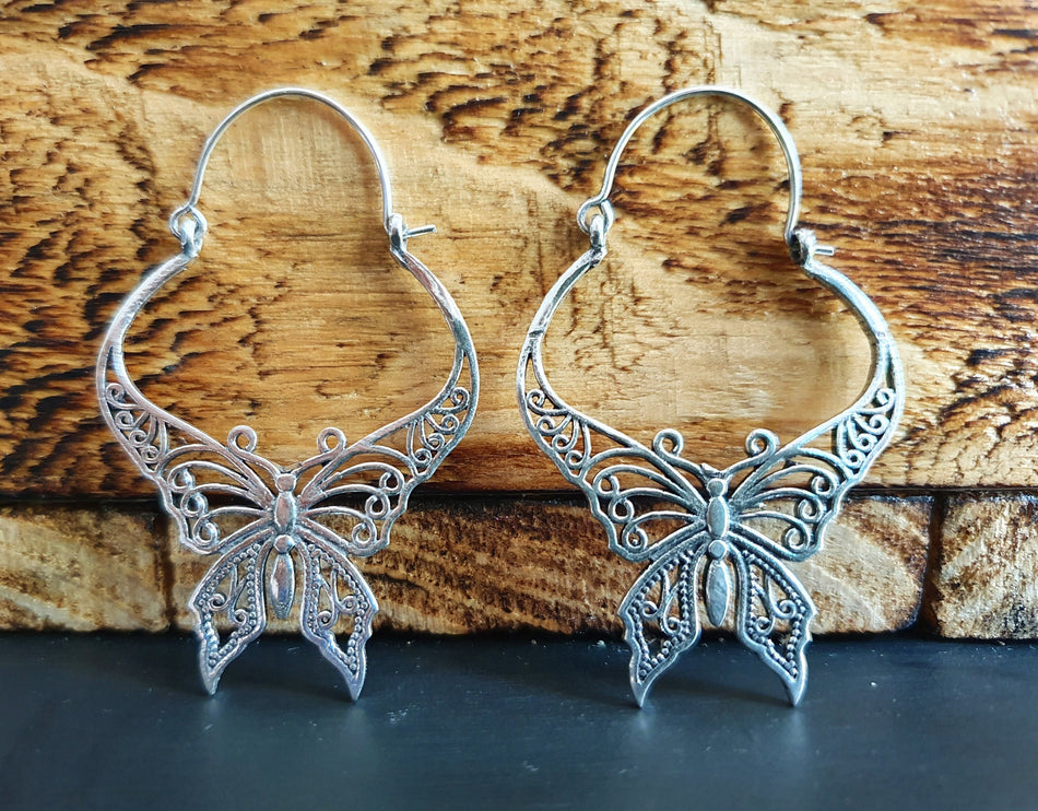 Silver Butterfly Earrings; Boho Spring Mandala Nature Garden Ethnic Tribal Chic Gypsy Psy Earth Festival