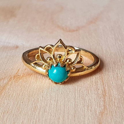 Turquoise Ring Gold Lotus Flower / Boho / Ethnic / Rustic / Tribal / Gypsy / Festival / Indian / Healing / Festival