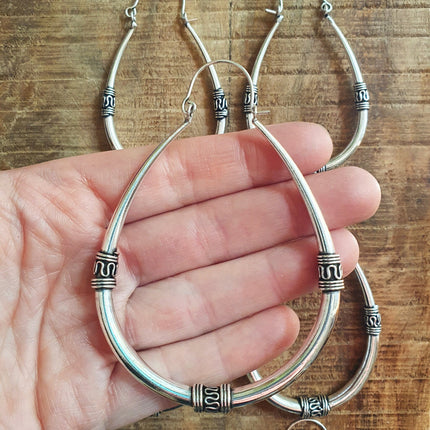 Bali Earrings / Silver Long Hoop Earrings / Ethnic / Rustic / Bohemian / Gypsy / Spiral / Hippie / Chunky / Festival / style