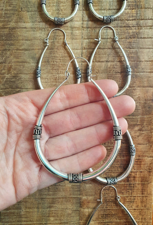 Bali Earrings / Silver Long Hoop Earrings / Ethnic / Rustic / Bohemian / Gypsy / Spiral / Hippie / Chunky / Festival / style