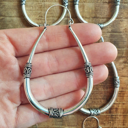 Bali Earrings / Silver Long Hoop Earrings / Ethnic / Rustic / Bohemian / Gypsy / Spiral / Hippie / Chunky / Festival / style