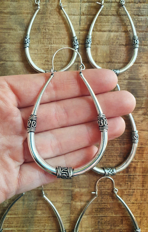 Bali Earrings / Silver Long Hoop Earrings / Ethnic / Rustic / Bohemian / Gypsy / Spiral / Hippie / Chunky / Festival / style