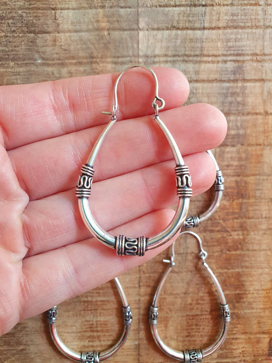 Bali Earrings / Silver Long Hoop Earrings / Ethnic / Rustic / Bohemian / Gypsy / Spiral / Hippie / Chunky / Festival / style