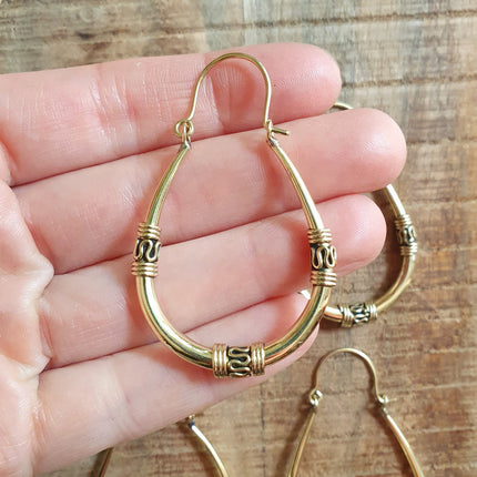 Bali Hoop Earrings / Brass Long / Tribal / Ethnic / Rustic / Bohemian / Gypsy / Spiral / Hippie / Chunky / Festival / style