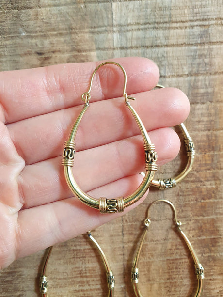 Bali Hoop Earrings / Brass Long / Tribal / Ethnic / Rustic / Bohemian / Gypsy / Spiral / Hippie / Chunky / Festival / style