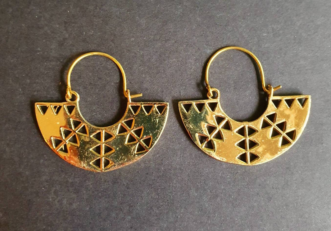 Mini Aztec Inca Style Brass Earrings; Ethnic, Geometric, rustic, yoga, hippie, gypsy, pretty, psy, boho, bohemian, festival