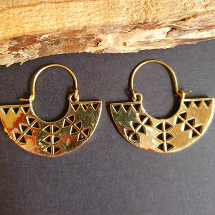 Aztec Inca Style Brass Earrings; Ethnic, Geometric, rustic, yoga, hippie, gypsy, pretty, psy, boho, bohemian, festival