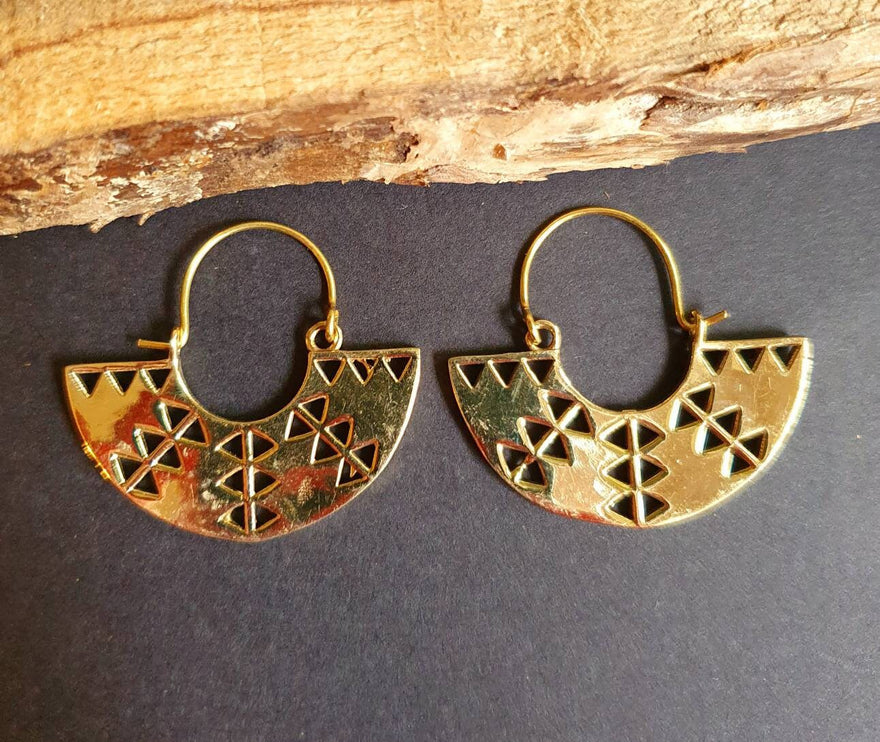 Aztec Inca Style Brass Earrings; Ethnic, Geometric, rustic, yoga, hippie, gypsy, pretty, psy, boho, bohemian, festival