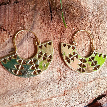 Aztec Inca Style Brass Earrings; Ethnic, Geometric, rustic, yoga, hippie, gypsy, pretty, psy, boho, bohemian, festival