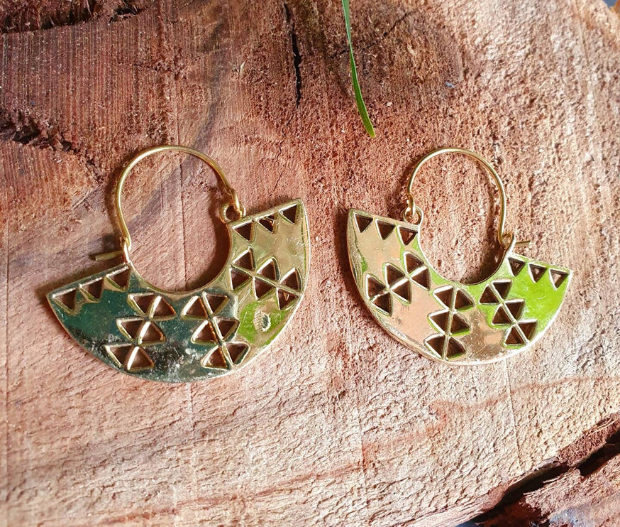 Aztec Inca Style Brass Earrings; Ethnic, Geometric, rustic, yoga, hippie, gypsy, pretty, psy, boho, bohemian, festival