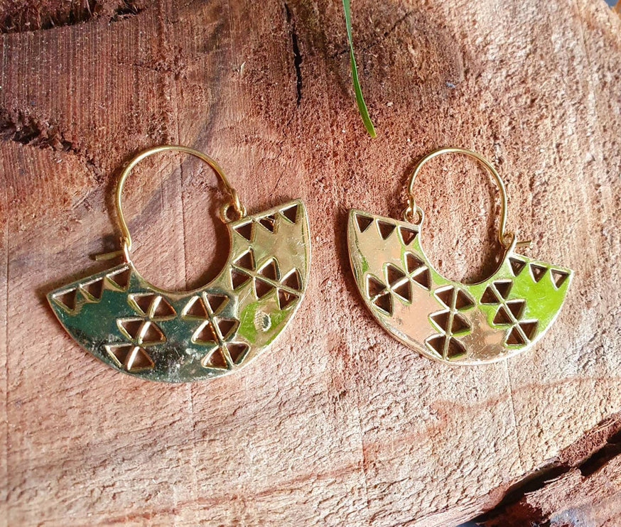 Mini Aztec Inca Style Brass Earrings; Ethnic, Geometric, rustic, yoga, hippie, gypsy, pretty, psy, boho, bohemian, festival