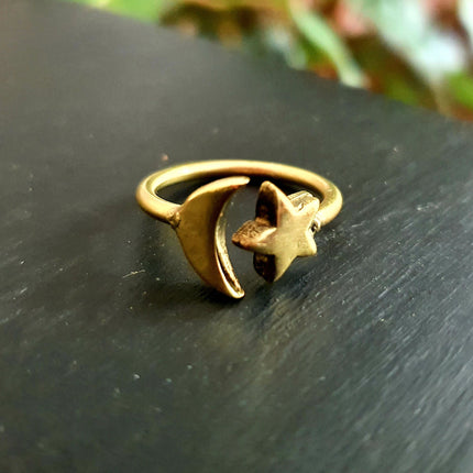 Star & Moon Brass Ring / Space / Adjustable / Boho / Ethnic / Rustic / Tribal / Gypsy / Festival / Indian / Healing / Festival