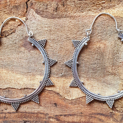 Aztec Silver Hoop Earrings / Geometric / Boho / Bohemian / Rustic / Ethnic / Triangle / Tribal / Illuminati / Gypsy / Hippie / Chic