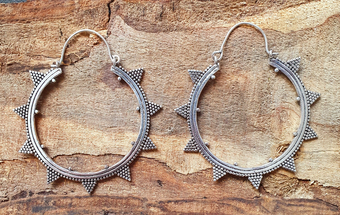 Aztec Silver Hoop Earrings / Geometric / Boho / Bohemian / Rustic / Ethnic / Triangle / Tribal / Illuminati / Gypsy / Hippie / Chic