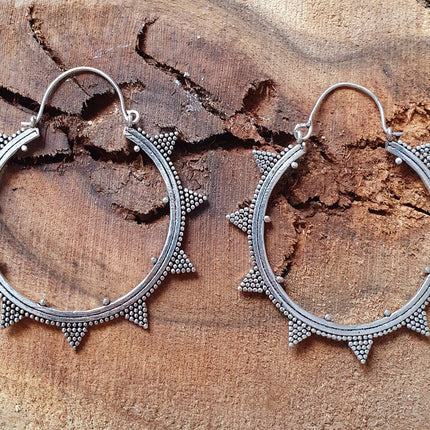 Aztec Silver Hoop Earrings / Geometric / Boho / Bohemian / Rustic / Ethnic / Triangle / Tribal / Illuminati / Gypsy / Hippie / Chic