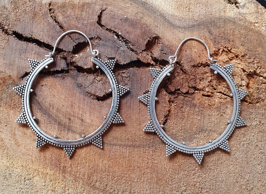 Aztec Silver Hoop Earrings / Geometric / Boho / Bohemian / Rustic / Ethnic / Triangle / Tribal / Illuminati / Gypsy / Hippie / Chic