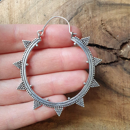 Aztec Silver Hoop Earrings / Geometric / Boho / Bohemian / Rustic / Ethnic / Triangle / Tribal / Illuminati / Gypsy / Hippie / Chic