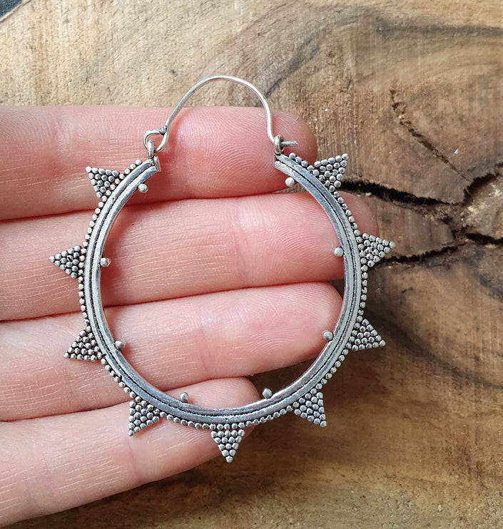 Aztec Silver Hoop Earrings / Geometric / Boho / Bohemian / Rustic / Ethnic / Triangle / Tribal / Illuminati / Gypsy / Hippie / Chic