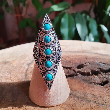 Silver Geometric Diamond Shape Ring / Turquoise / Large /Boho / Ethnic / Rustic / Tribal / Gypsy / Festival / Indian / Healing / Festival