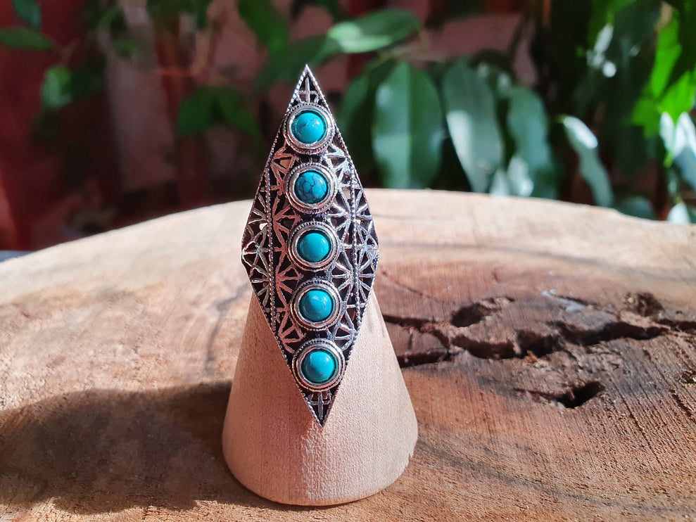 Silver Geometric Diamond Shape Ring / Turquoise / Large /Boho / Ethnic / Rustic / Tribal / Gypsy / Festival / Indian / Healing / Festival