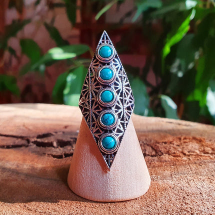 Silver Geometric Diamond Shape Ring / Turquoise / Large /Boho / Ethnic / Rustic / Tribal / Gypsy / Festival / Indian / Healing / Festival