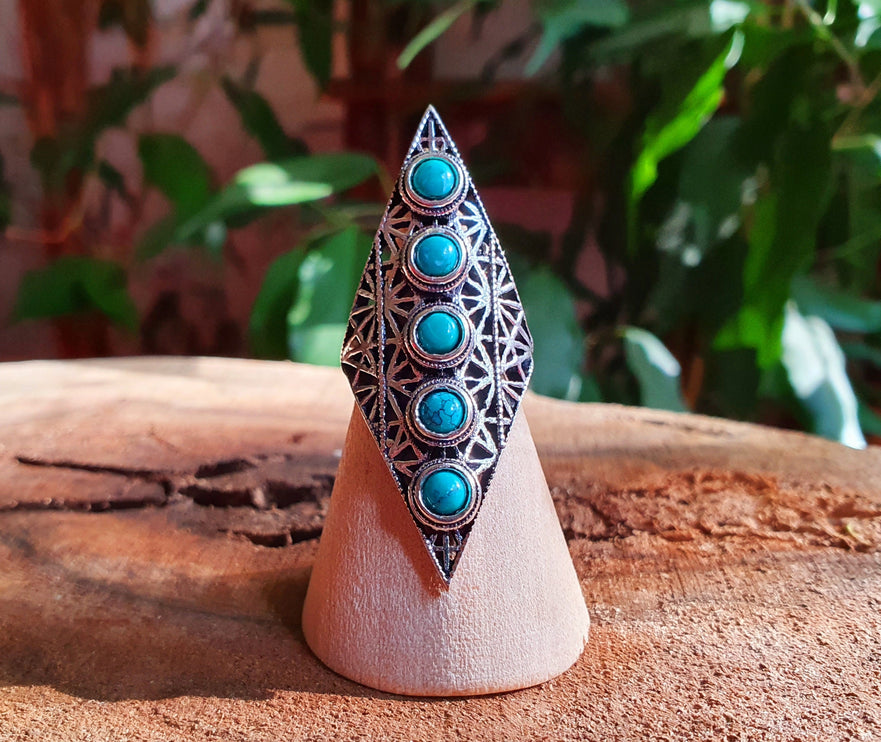 Silver Geometric Diamond Shape Ring / Turquoise / Large /Boho / Ethnic / Rustic / Tribal / Gypsy / Festival / Indian / Healing / Festival