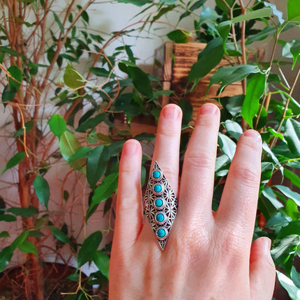 Silver Geometric Diamond Shape Ring / Turquoise / Large /Boho / Ethnic / Rustic / Tribal / Gypsy / Festival / Indian / Healing / Festival