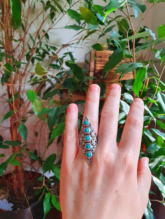 Silver Geometric Diamond Shape Ring / Turquoise / Large /Boho / Ethnic / Rustic / Tribal / Gypsy / Festival / Indian / Healing / Festival