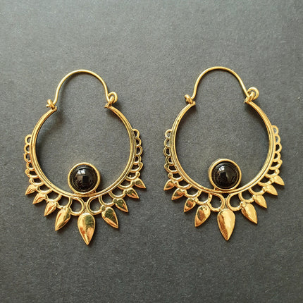 Black Onyx & Brass Spiky Hoop Earrings Ethnic, rustic, yoga, hippie, gypsy, pretty, psy, boho, bohemian, festival