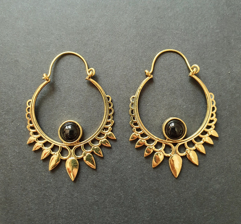 Black Onyx & Brass Spiky Hoop Earrings Ethnic, rustic, yoga, hippie, gypsy, pretty, psy, boho, bohemian, festival