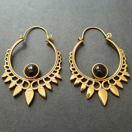 Black Onyx & Brass Spiky Hoop Earrings Ethnic, rustic, yoga, hippie, gypsy, pretty, psy, boho, bohemian, festival